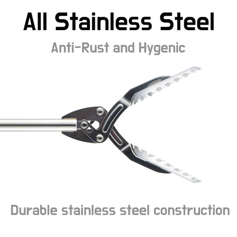 Close-up of the clamp of All Stainless Steel Grabber Reacher Pickup Tool Heavy Duty Trash Picker For Indoor Outdoor Use No Wire Patented Technology Delivers Extra Power And Strong Grip For Logs BBQ Pits Fireplace.