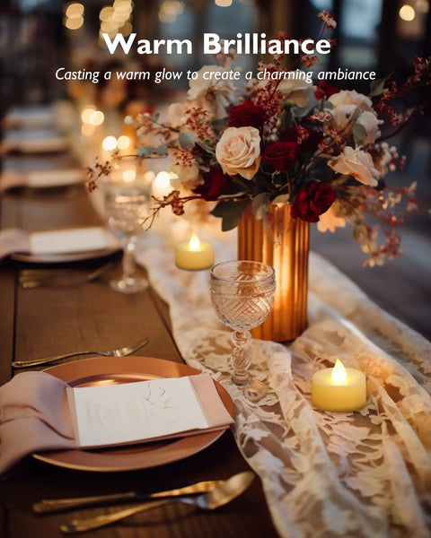 Table setting with 100 Pack Flameless LED Tea Lights Candles Battery Operated No Mess With 200 Hour Run Time Realistic Flicker
