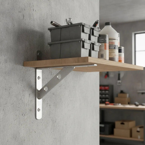 Heavy Duty Wall Mount Shelf Bracket Stainless Steel L Bracket for Kitchen and Bath Storage with tools and bottles on shelf