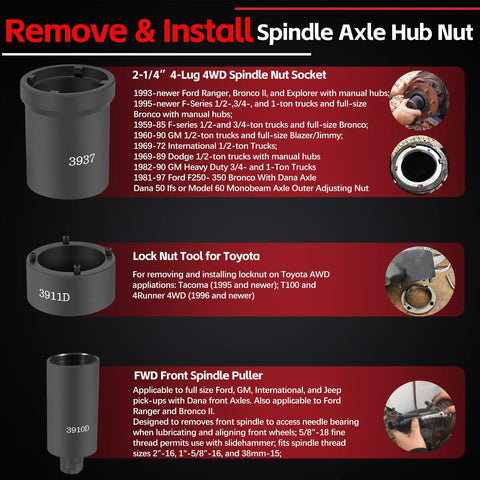 Six Piece Spindle Nut Socket Set With One Half Inch Drive For Ford F250 F350 Dana Axles Toyota GM Chevy Dodge Spindle Lock Nut Removal And Installation Kit image with spindle nut details.