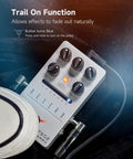 Top view of stereo reverb pedal with footswitch, displaying controls for decay, hi/lo cut, pre-delay. Metal chassis design.