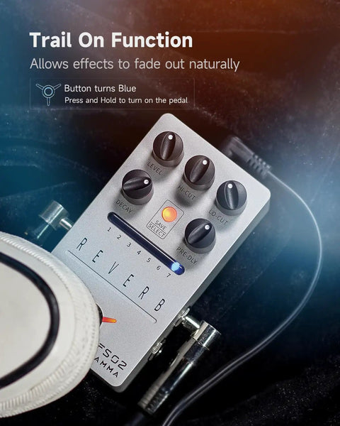 Top view of stereo reverb pedal with footswitch, displaying controls for decay, hi/lo cut, pre-delay. Metal chassis design.