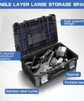 18 Inch Flat Top Tool Box With Stackable Modular System For Garage Storage And Home Repair, open lid showing interior compartments.