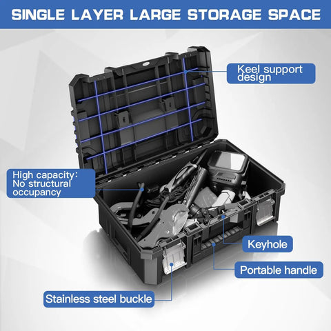 18 Inch Flat Top Tool Box With Stackable Modular System For Garage Storage And Home Repair, open lid showing interior compartments.