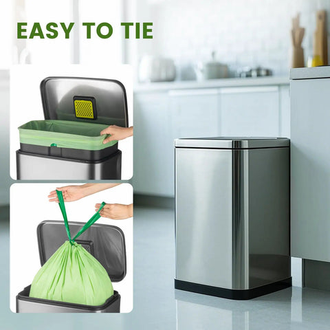 8 Gallon Compostable Drawstring Kitchen Waste Trash Bags Heavy Duty 1 Mil Tear Free 30 Count in a silver trash can
