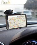 Universal Car Phone Mount Holder With Industrial Strength Sticky Gel Pad And Quick One Hand Release Cradle For Dashboard Windshield showing Samsung phone with map.