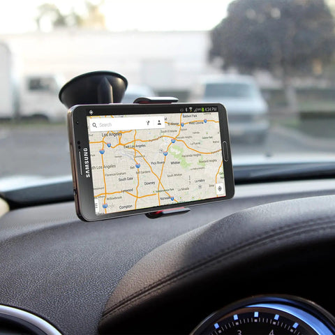 Universal Car Phone Mount Holder With Industrial Strength Sticky Gel Pad And Quick One Hand Release Cradle For Dashboard Windshield showing Samsung phone with map.