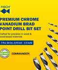 Pro Grade Brad Point Drill Bit Set For Woodworking With Beveled Edges For Tear Free Holes Chrome Vanadium Coated Set