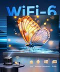 Smart Portable Video Projector With WiFi And Bluetooth For Home Theater And Outdoor Movie Nights Netflix Ready 4K Video Decode With 1080P Native Auto Focus And Keystone Correction Dolby Audio No Extra TV Stick Needed displaying a vivid butterfly image