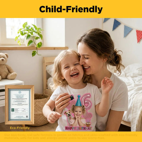 Smiling mother and daughter wearing printed shirts using Light Fabric Printable Heat Transfer Paper, child-friendly and eco-friendly.