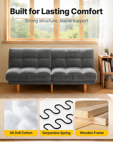 65 Inch Convertible Futon Sofa Bed With Adjustable Backrest Corduroy Grey Upholstery in a living room setting