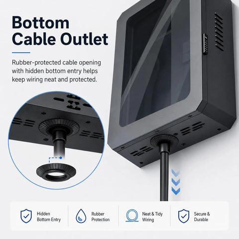 Bottom cable outlet of Heavy Duty EV Charger Wall Cover And Tough As Nails Steel Electrical Box with rubber protection.