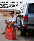 No Nonsense Portable Fuel Transfer Pump With Auto Stop And Quick Wand For Gasoline And Diesel Plug And Play Electric Pump With 51 Inch Hose and snap adapter in use by a man fueling a truck.
