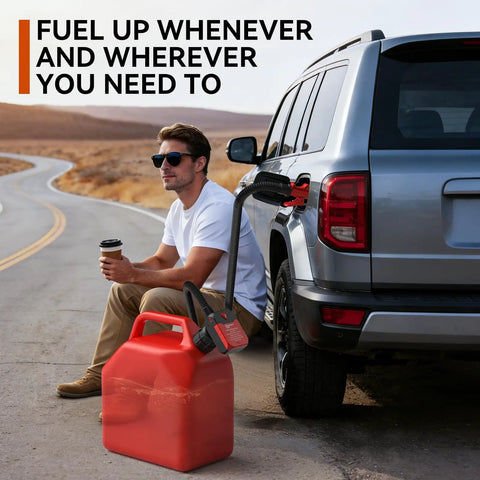 No Nonsense Portable Fuel Transfer Pump With Auto Stop And Quick Wand For Gasoline And Diesel Plug And Play Electric Pump With 51 Inch Hose and snap adapter in use by a man fueling a truck.