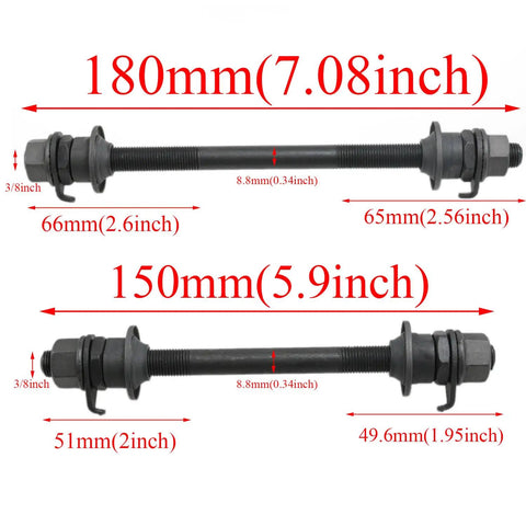 Heavy Duty 2 Pack Bike Hub Axle Set With 150 Mm Front And 180 Mm Rear Shafts dimensions and details on a white background
