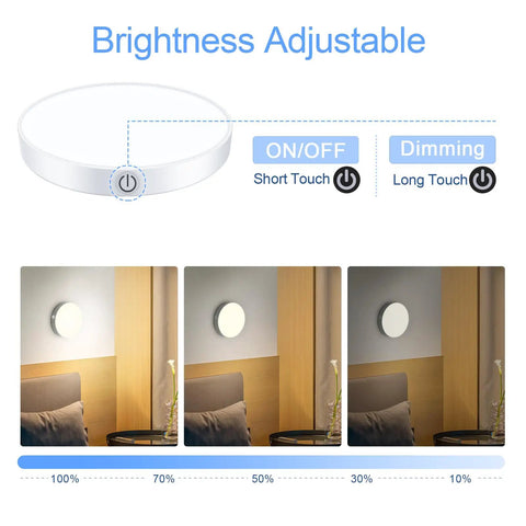 Rechargeable Touch Night Lights With Dimmable Brightness Memory showing dimming levels in a bedroom setting, 2 Pack.