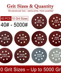 60 Piece 5 Inch Sanding Discs Kit With Hook And Loop Backing For Orbital Sander Grit Range 40 80 120 240 400 800 1000 2000 3000 5000