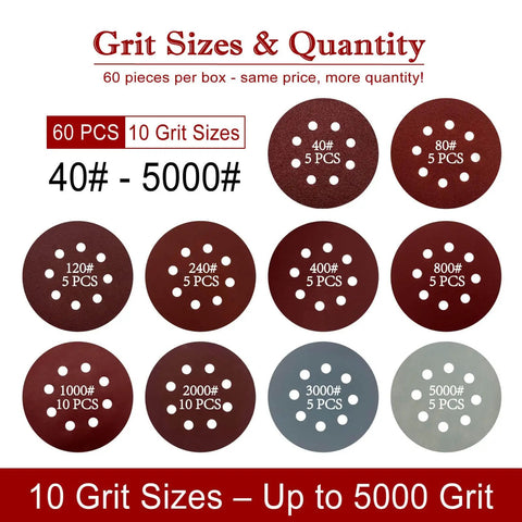 60 Piece 5 Inch Sanding Discs Kit With Hook And Loop Backing For Orbital Sander Grit Range 40 80 120 240 400 800 1000 2000 3000 5000