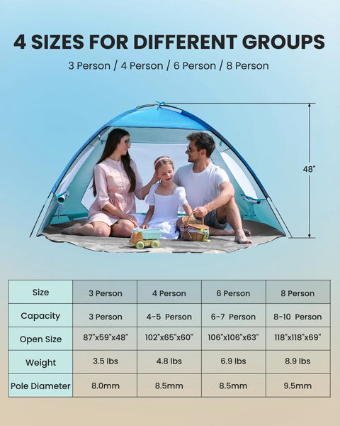 Family sitting inside Spacious Beach Tent For Three To Four People With No Fuss Setup Sun Shade Canopy Portable UPF Fifty Plus