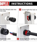 Installation steps for waterproof nylon cable gland set, showing insertion, lock nut, cable entry, and sealing nut steps.