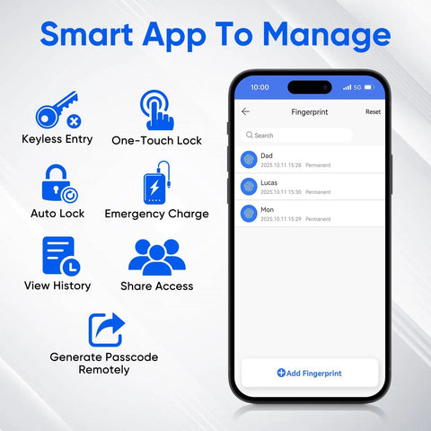 Smart app interface showcasing features for Super Slick Smart Door Lock Handle Set Delivering Breezy No Fuss Keyless Entry With Fingerprint Scan App Control.
