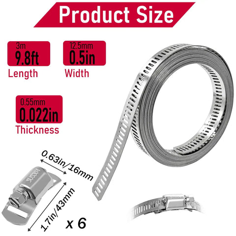 Do It Yourself Adjustable Stainless Steel Hose Clamp Kit With 9.8 Ft Worm Gear Band And 6 Heavy Duty Fasteners for duct pipe