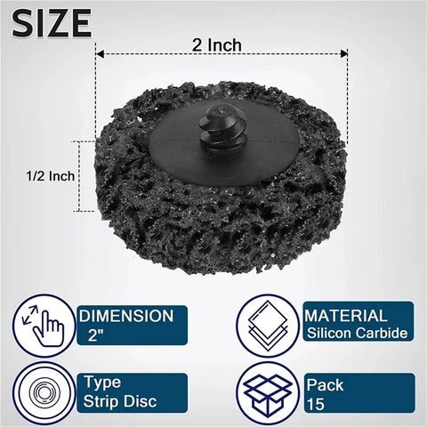 15 Pc Abrasive Strip Discs For Paint Removal Stripping And Polishing With Dense Uniform Fiber And Standard Hub Integrated Construction Perfect For Various Surface Finishes On Angle Grinders, 2 inch diameter, silicon carbide material.