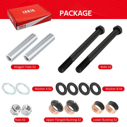 Spindle King Pin Tube Bushing Kit For EZGO TXT PDS 2001 And Up with components shown including tubes, bolts, washers, nuts, bushings