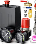 Air Compressor Pressure Switch With Four Way Valve Regulator, 0-180 PSI Adjustable, Safety Relief Valve, On Off Red Switch
