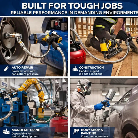Images showcasing 1/2 Inch NPT Male 20 Inch Compressor Jumper Hose With Dual Swivel Fittings in various industrial applications.