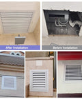 Solid Heavy Duty Louvered Return Air Grille And Access Hatch Panel Wall Ceiling Vent shown before and after installation.
