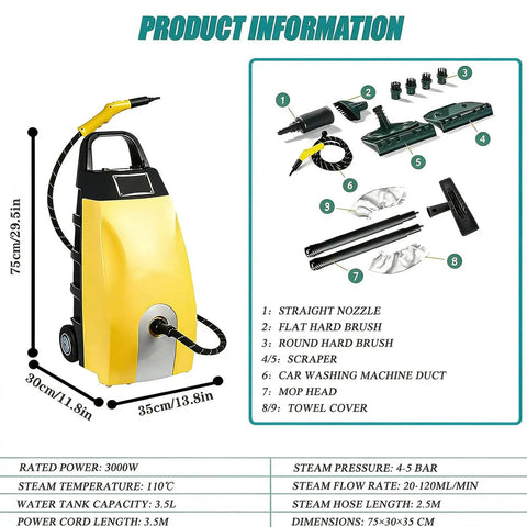 Quick Heat Up Yellow Steam Cleaner With Full Attachments For Multi-Spot Use 3000 Watt High Power Motor with various accessories.