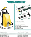 High Power 3000W Multipurpose Steam Cleaner With 3.5 Liter Tank For Fast Home And Auto Cleaning showing accessories and dimensions.