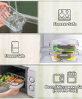 Glass Meal Prep Containers Set With Two Compartments 36 Oz Each Premium Borosilicate Glass Upgraded Snap Lock Lids in use, showing freezer and oven compatibility.