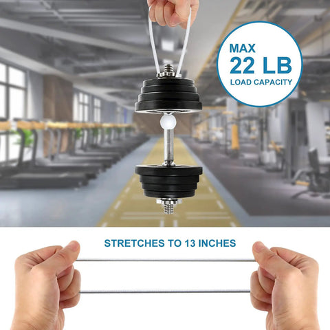 Demonstration of Six Inch White Ball Bungee Cords 50 Pcs Heavy Duty Tarp Ball Bungee Ties stretching to 13 inches in gym setting.