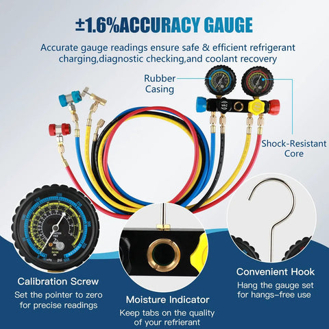 Pro Grade Vacuum Pump Kit With 4 Way Manifold Gauge And Leak Detector For Auto AC Service, One Third HP Single Stage Pump, R134a hoses and gauges