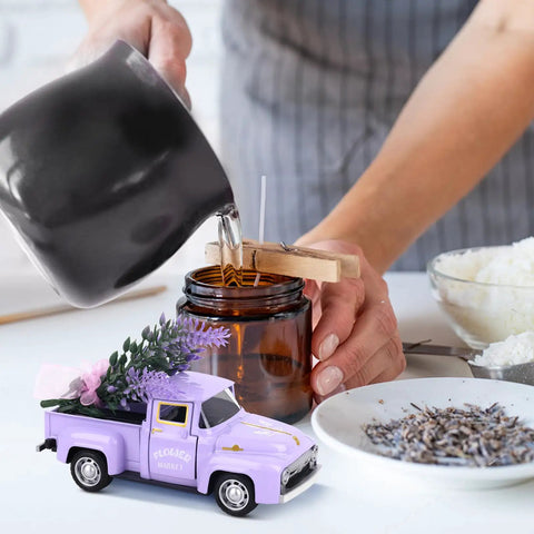 Mini Lavender Metal Truck with Lavender Bouquet Farmhouse Decor nearby candle making setup, showing rustic charm.