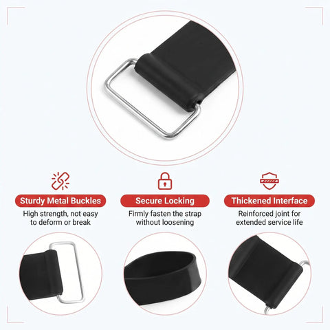 Close-up of Tough As Nails 2 Pack Motorcycle Battery Strap Slip Free with heavy duty metal buckle for secure holding.