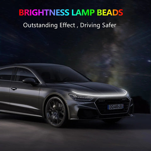 70 Inch White LED DRL Car Hood Light Strip With Dynamic Scan Start Up on a sleek black car driving at night.