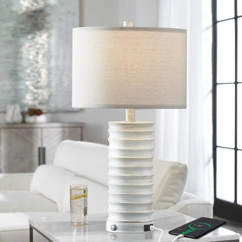 3 Way Dimmable Rustic Table Lamps Set Of 2 With Touch Control And Built In USB Port And AC Outlet White Finish For Living Room