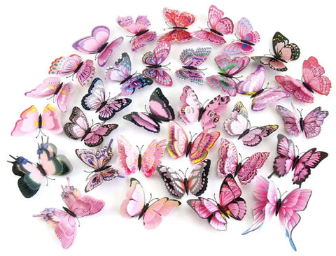 Mixed Pack Of 12 3D Pink Butterfly Wall Stickers For Home Decor On Smooth Surfaces in assorted sizes and styles