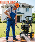 Heavy Duty Gas Pressure Washer That Whips Dirty Decks And Driveways Clean In Seconds With 3500 PSI And 2.6 GPM in use on patio.