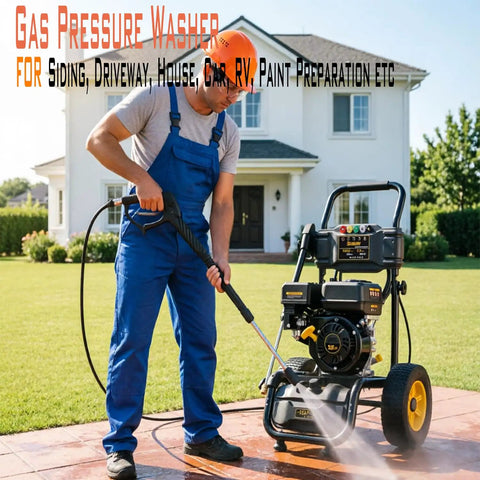 Heavy Duty Gas Pressure Washer That Whips Dirty Decks And Driveways Clean In Seconds With 3500 PSI And 2.6 GPM in use on patio.