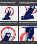Heavy Duty Caster Wheels Set Of 4 With Precision Ball Bearings For Smooth Cruising Action and Secure Locking Features showing thickened screws and anti-corrosion bracket.