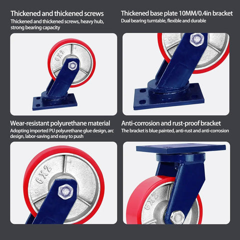 Badass Heavy Duty Caster Wheels Built Tight For Rolling Cabinets And Tool Chests Set Of Four Six Inch Braked Swivel Rollers showcasing wear-resistant polyurethane material and heavy-duty construction.