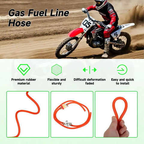 Gas Fuel Line Kit 3.28 Ft 3/16 Inch ID With 1/4 Inch Inline Shut Off Valve displayed with features and dirt bike background.