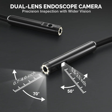 Dual Lens Endoscope Camera With Light 1920P HD Borescope For Tight Spots With 7.9mm Ultra Slim Probe showing dual lenses