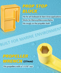 Pro Grade 1-1/16 Inch Boat Prop Wrench And Prop Stop Block Kit showing yellow wrench and stop block for marine use