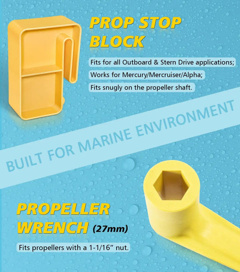 Pro Grade 1-1/16 Inch Boat Prop Wrench And Prop Stop Block Kit showing yellow wrench and stop block for marine use