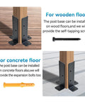 Adjustable Deck Post Anchor Base Brackets For 1.5x1.5 To 4x4 Wood Posts Kit Fits 2x2 2x4 Fences Pergolas Rails Mailbox Mount Patio Covers No Fuss Install Heavy Duty shown installed on wooden and concrete floors with screws and bolts.